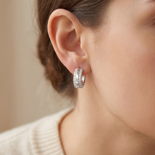 "Bologna" Wide Pavé Huggie Hoops worn
