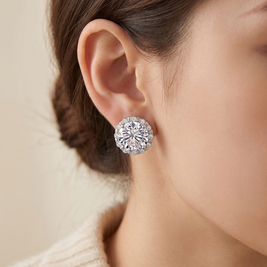 "Bilbao" Moissanite Flower Halo Studs worn