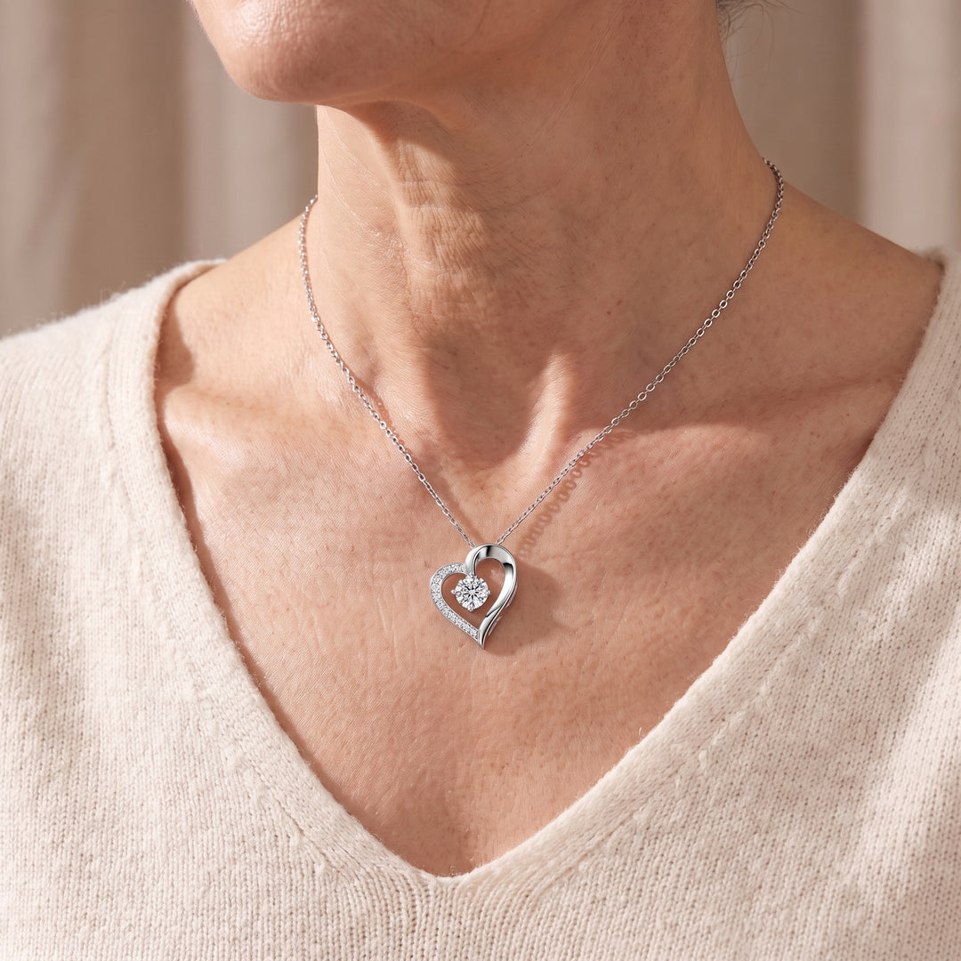 Lucca Moissanite Heart Necklace — Silver, worn