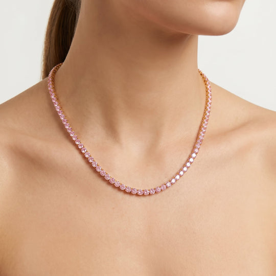 Miami Pink Sapphire Tennis Necklace worn on neckline