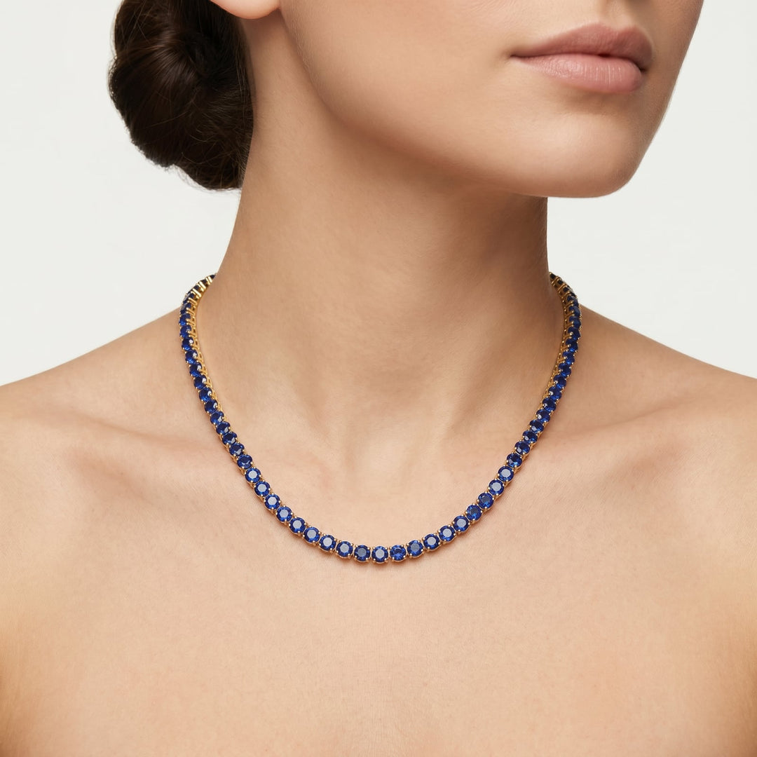 Miami Sapphire Tennis Necklace worn on neckline