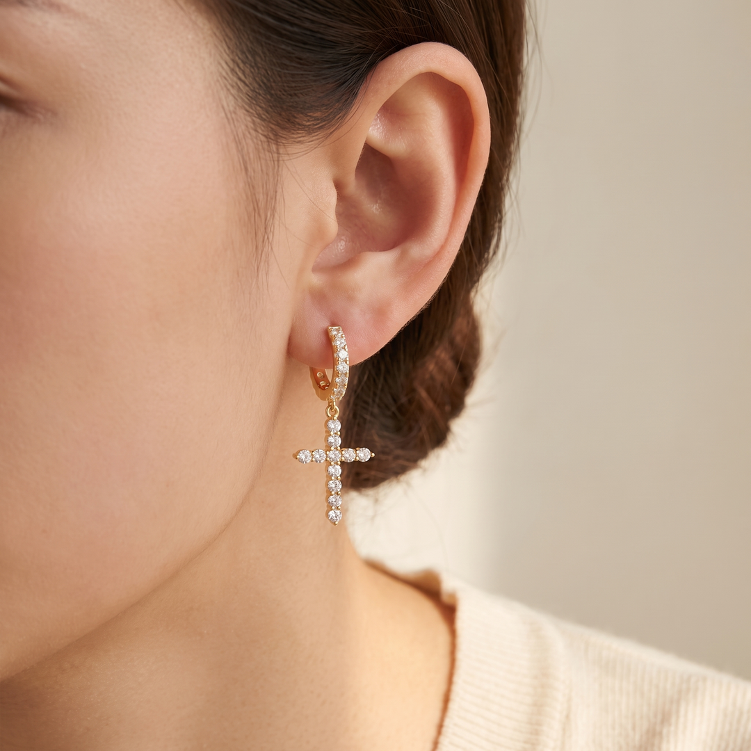 "Athens" Pave Huggie & Cross Drop Earrings