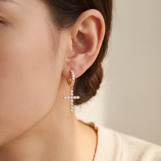 "Athens" Pave Huggie & Cross Drop Earrings