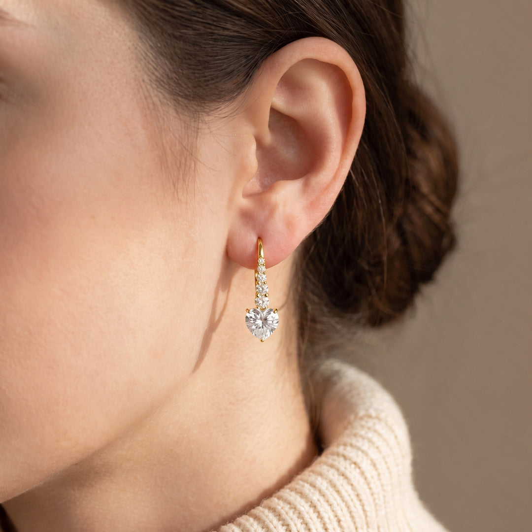 Riga Heart Drop Leverback Earrings — Gold, worn