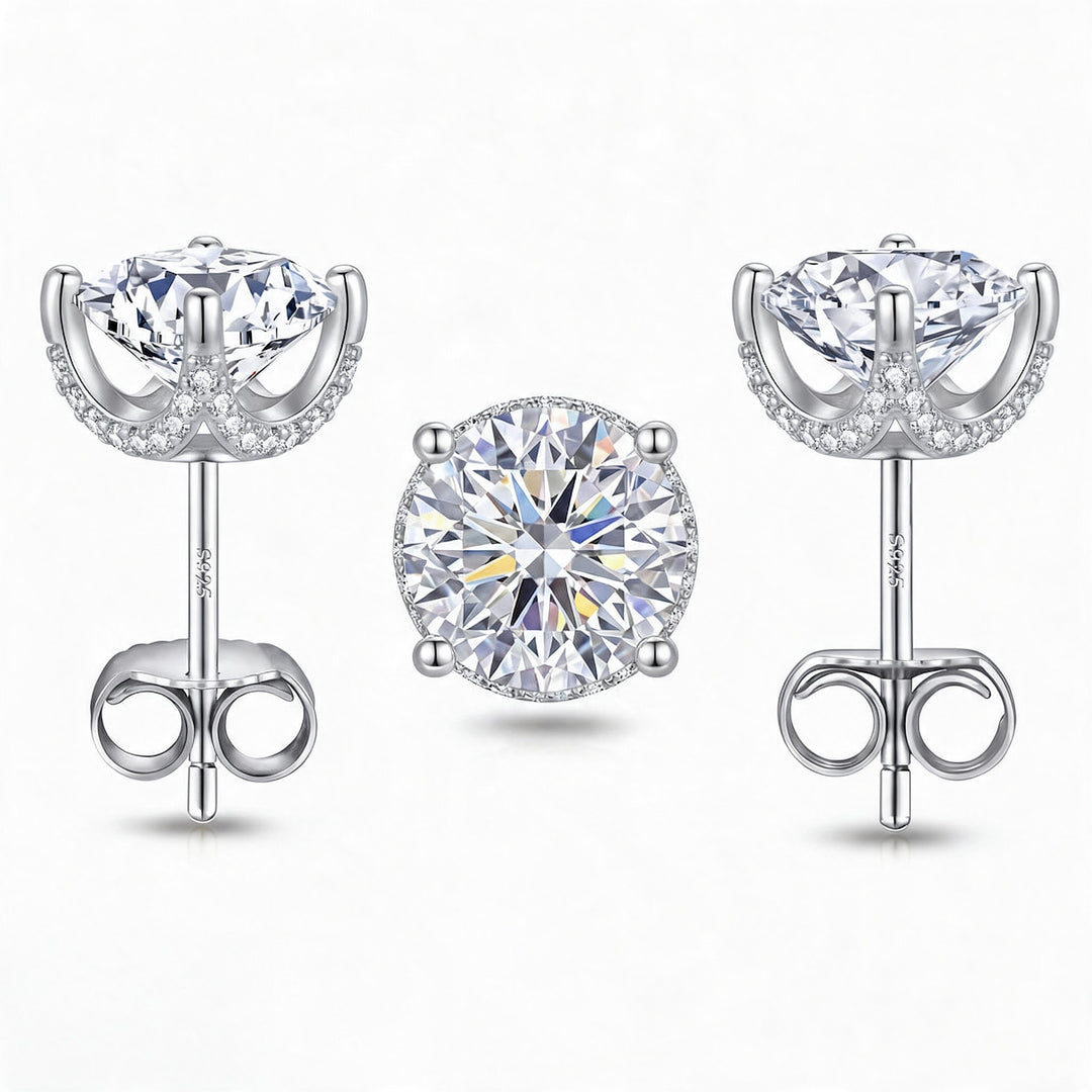 Roma Moissanite 1ct Crown Pavé Solitaire Stud Earrings — Silver flatlay