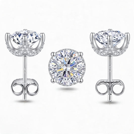 Roma Moissanite 1ct Crown Pavé Solitaire Stud Earrings — Silver flatlay