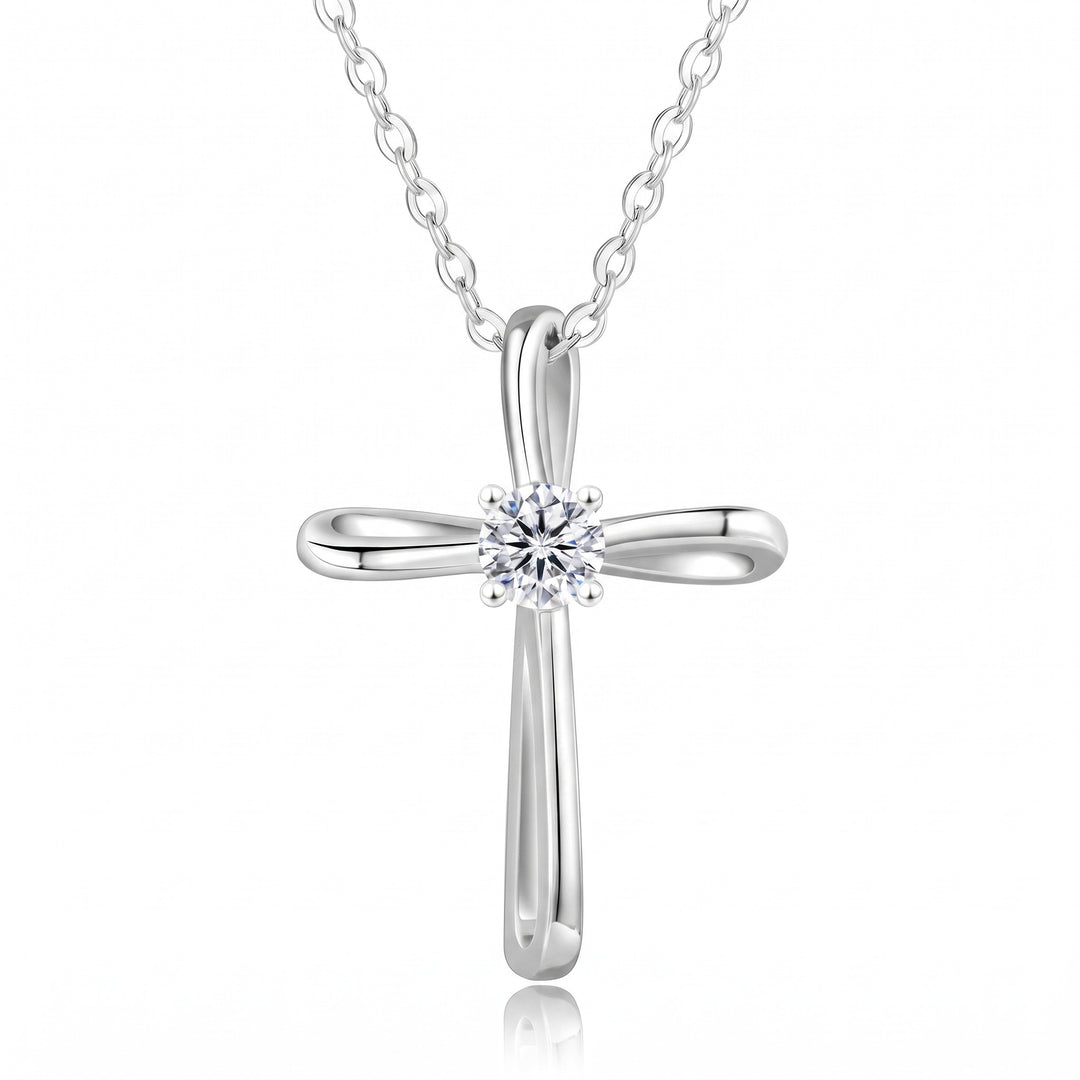 Segovia Petite Moissanite Cross Necklace — Silver flatlay