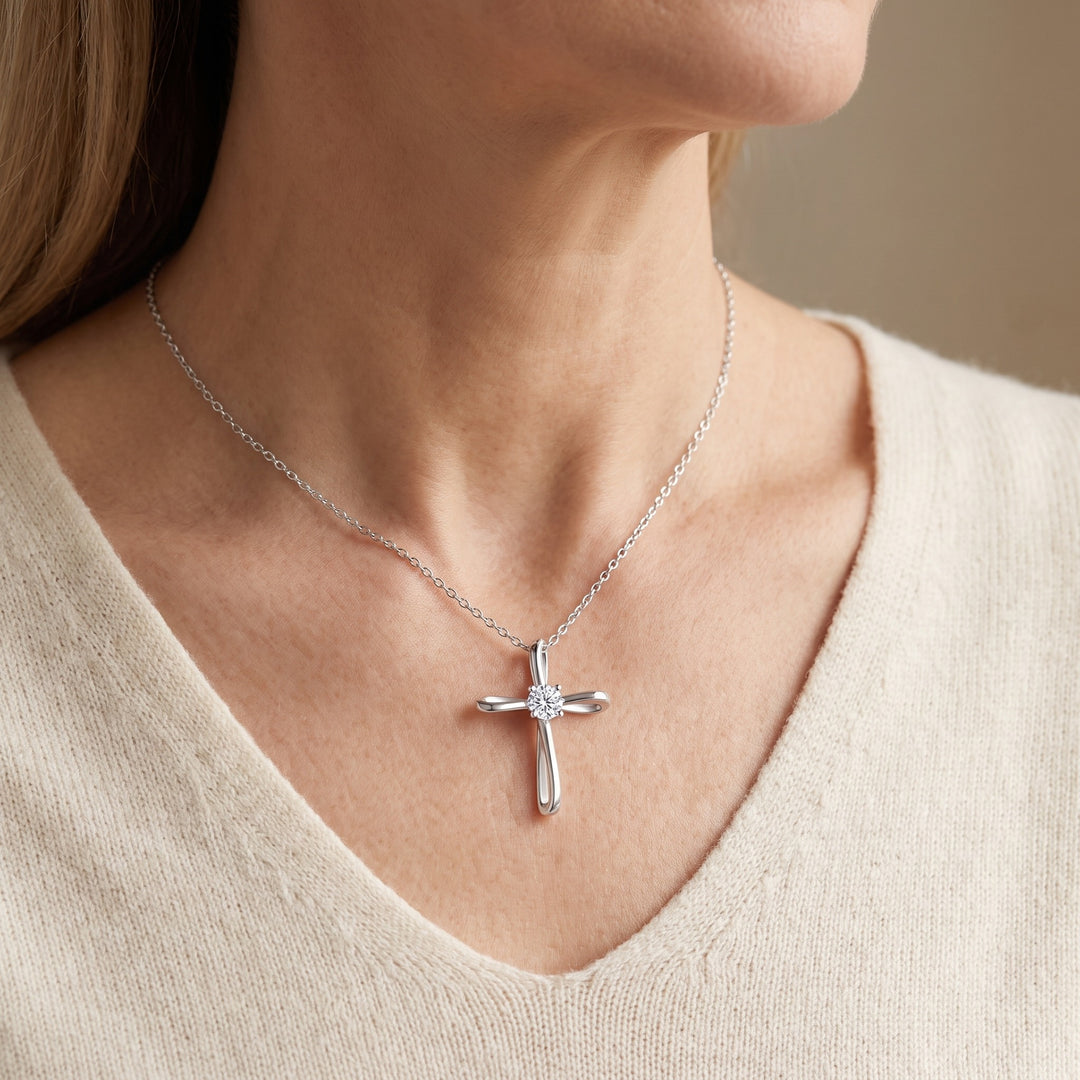 Segovia Petite Moissanite Cross Necklace — Silver, worn