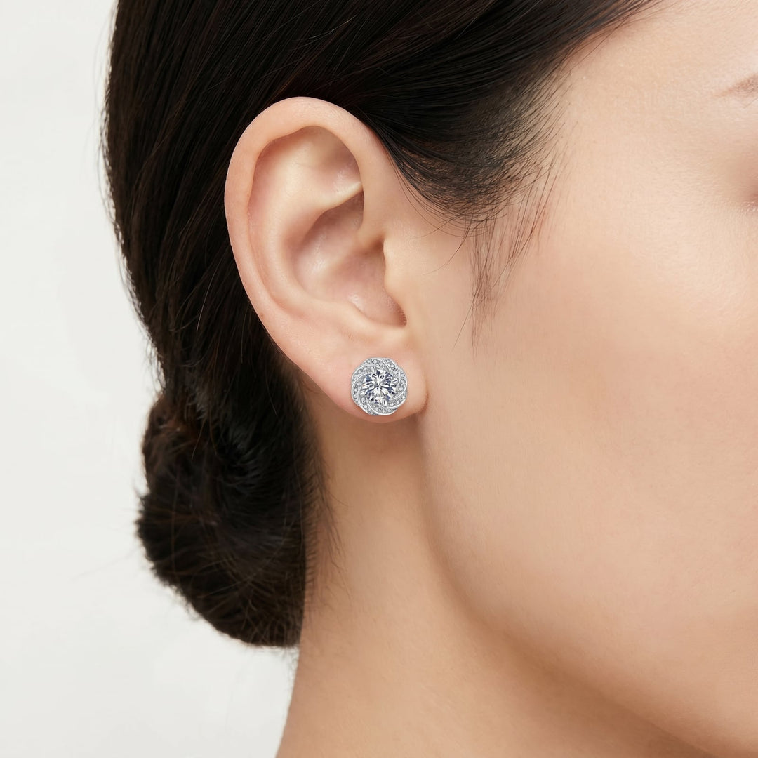 Stockholm Moissanite Swirl Halo Stud worn on ear