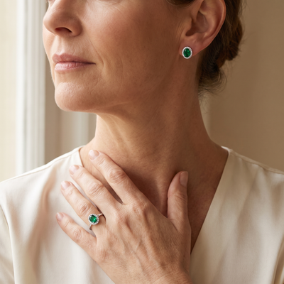 "Verona" Emerald Halo Studs & Ring Set