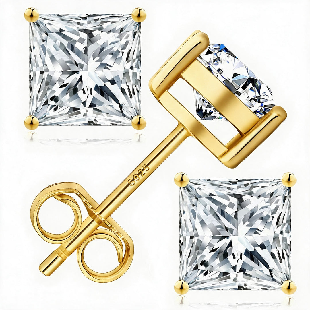 Zermatt Moissanite 1ct Princess-Cut Stud Earrings — Gold flatlay