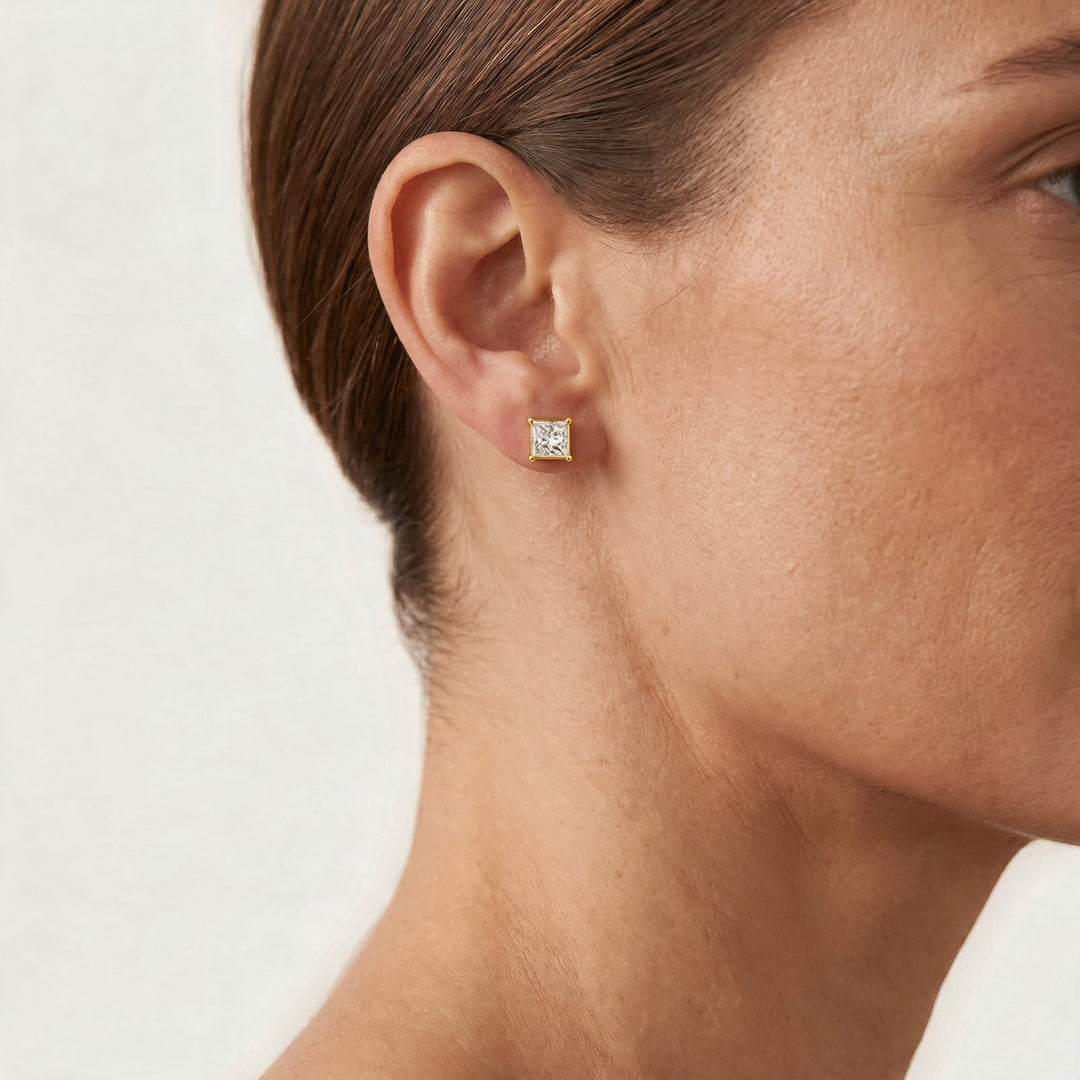 Zermatt Moissanite 1ct Princess-Cut Stud Earrings — Gold, worn