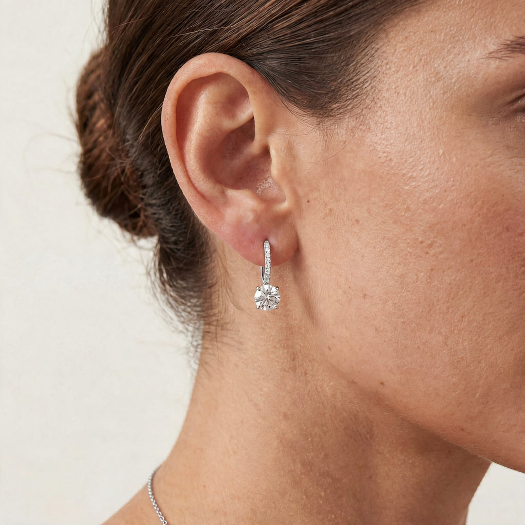 Zurich Moissanite 1ct Pavé Drop Solitaire Earrings — Silver, worn