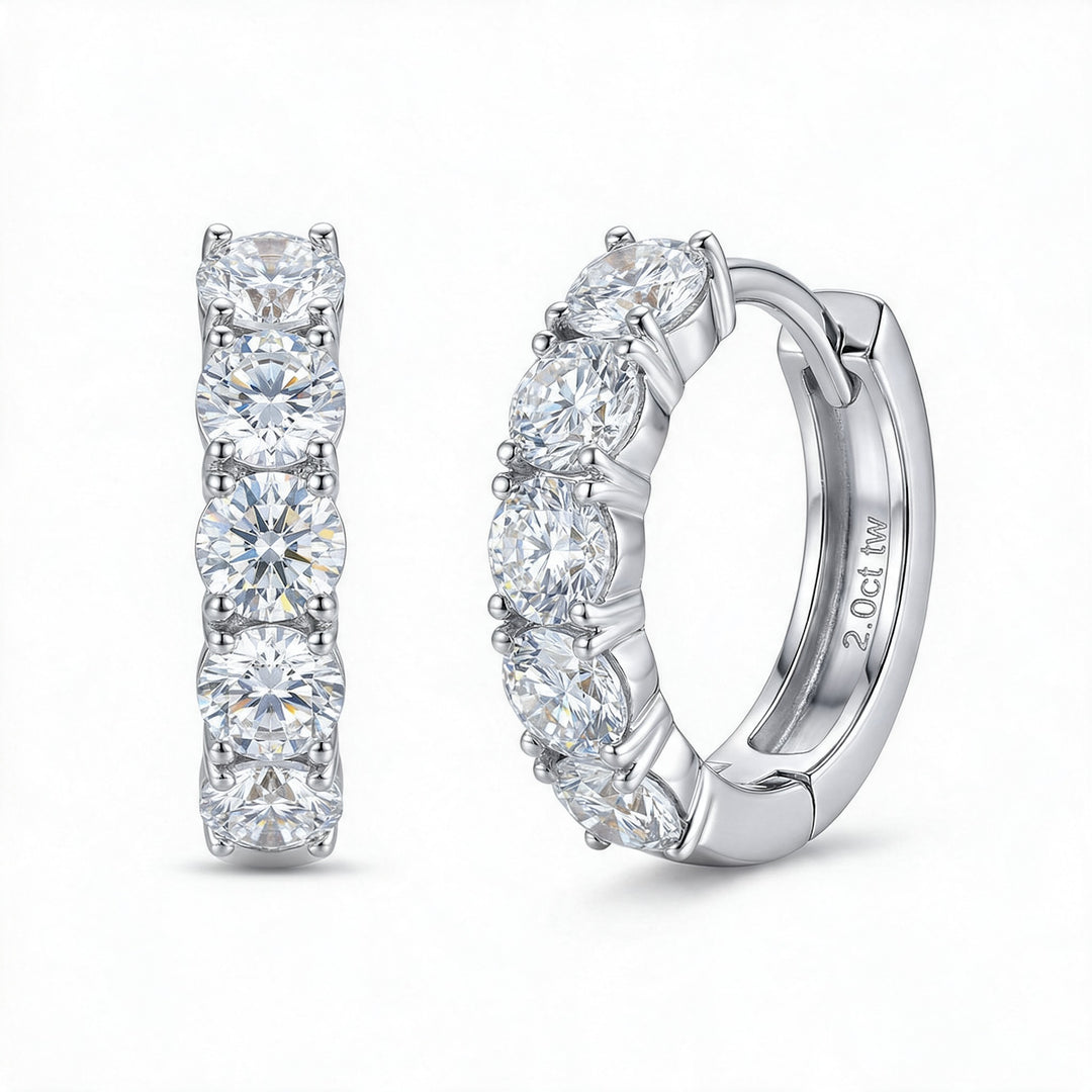 Zurich Moissanite 1ct Pavé Huggie Earrings — Silver flatlay
